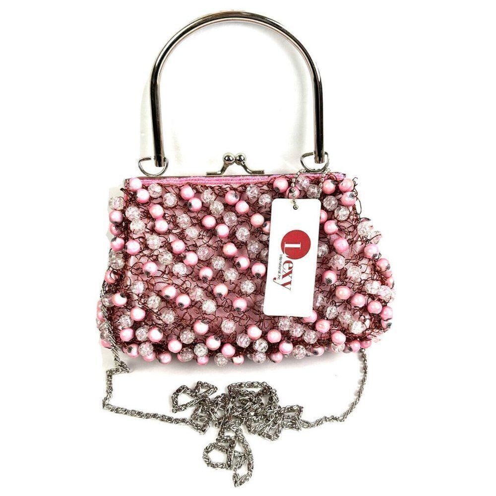 Lexy International Handbag Pink Gray‎ Beaded Clutch Purse Removable Strap New